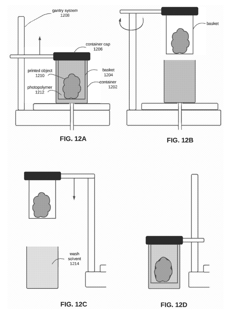 Showcasing the process where object produced during a tomographic lithographic printing is automatically removed from a container and washed