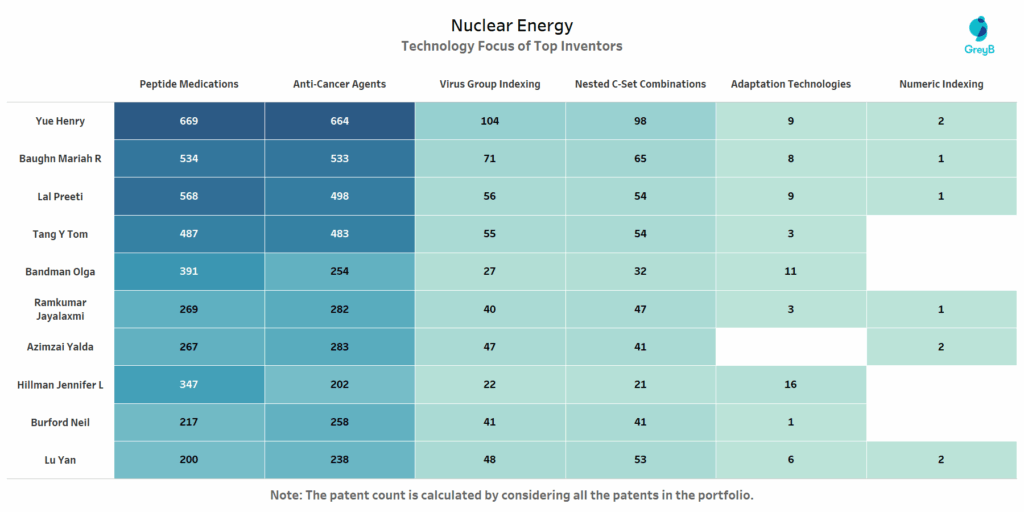 Technology focus of Top Inventors in Nuclear Energy